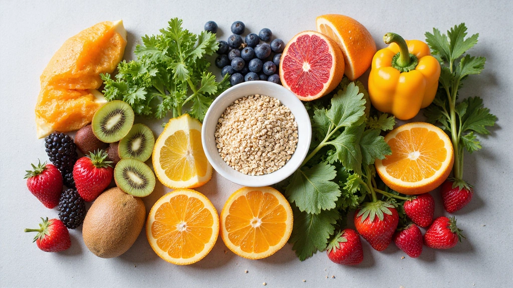 Assortimento di cibi freschi e sani come frutta, verdura e cereali